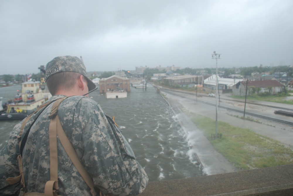 Louisiana National Guard sets up a road block in the upper 9th Ward of New Orleans