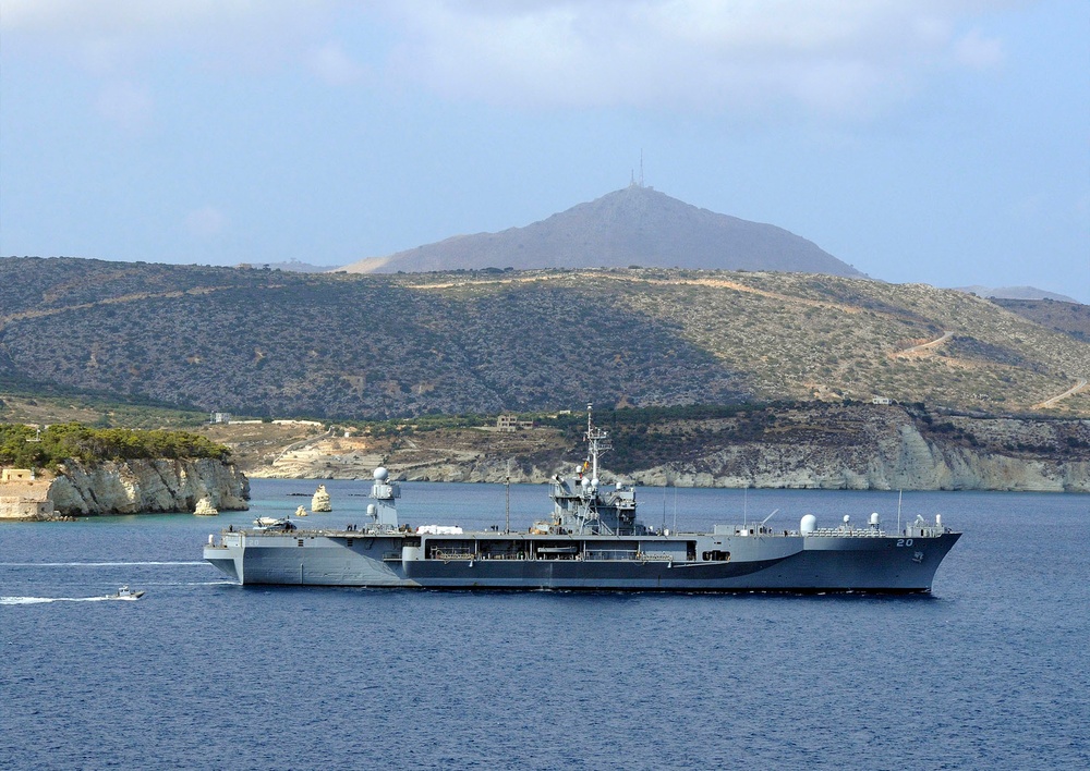 USS Mount Whitney Departs Souda Harbor