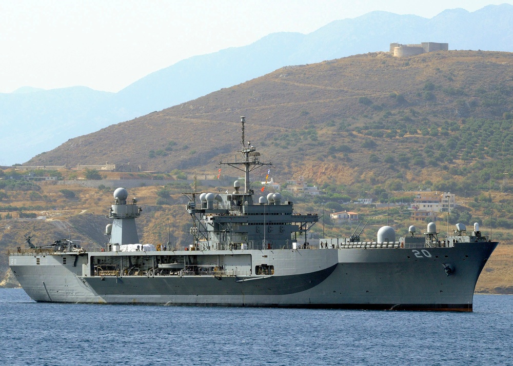 USS Mount Whitney Departs Souda Harbor