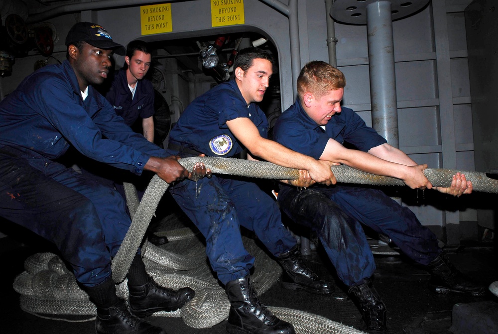 Heaving a mooring line
