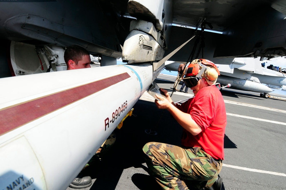 Loading missiles aboard the USS Theodore Roosevelt