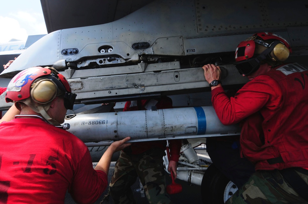 Loading missiles aboard the USS Theodore Roosevelt