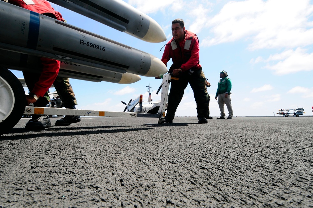 Loading missiles aboard the USS Theodore Roosevelt