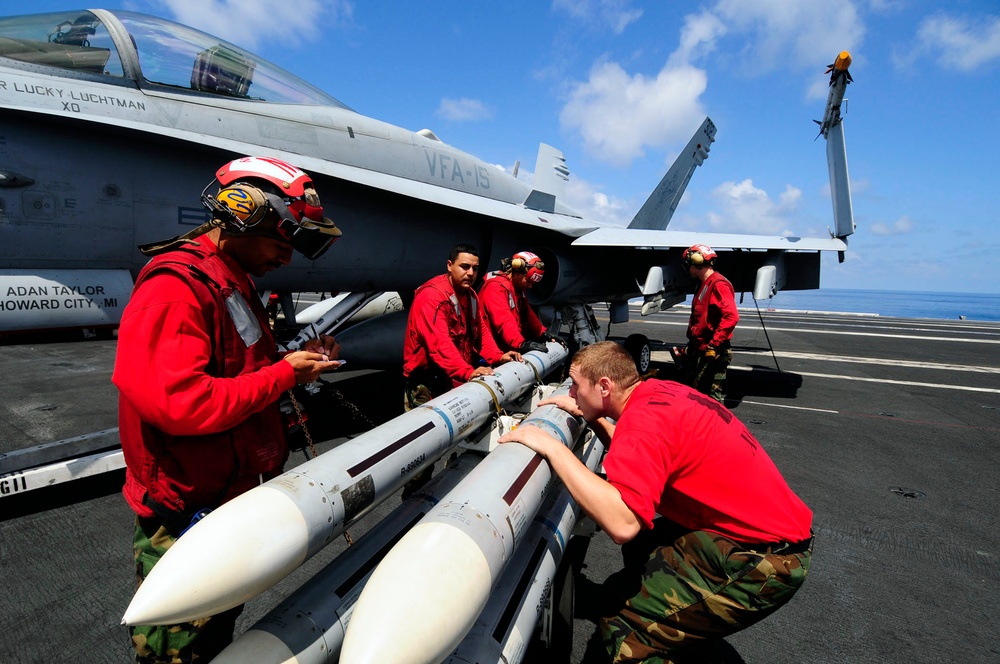 Loading missiles aboard the USS Theodore Roosevelt