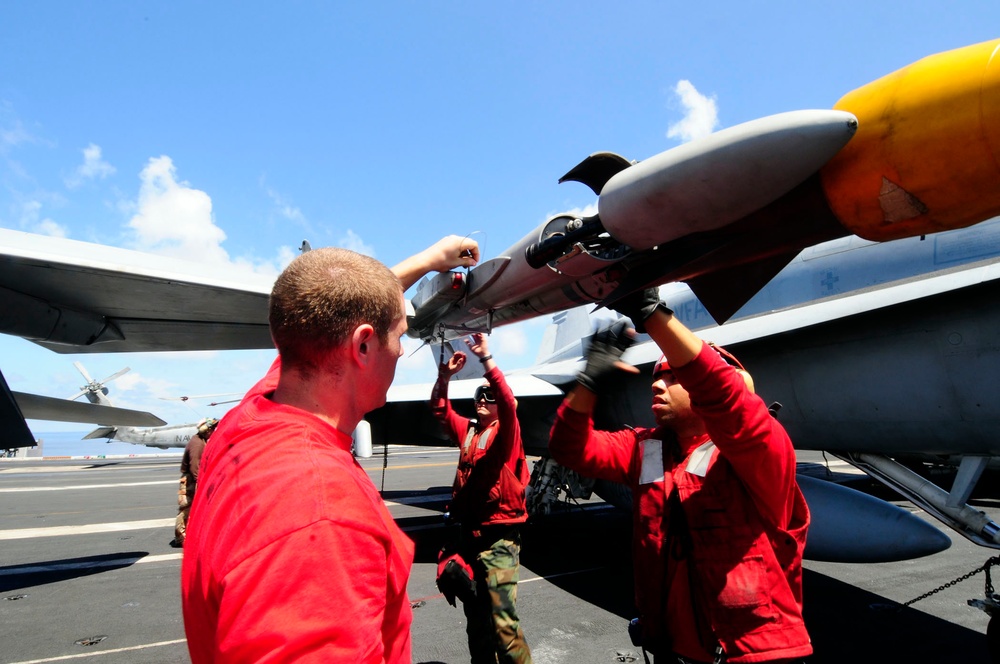 Loading missiles aboard the USS Theodore Roosevelt