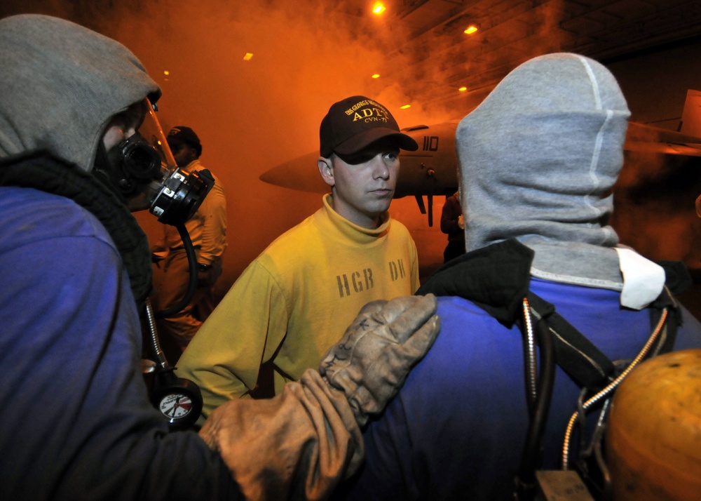 Fire fighting practice aboard the USS George Washington