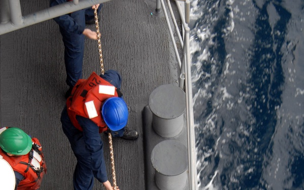 USS Chancellorsville, USNS Bridge, INS Godavari replenish at sea