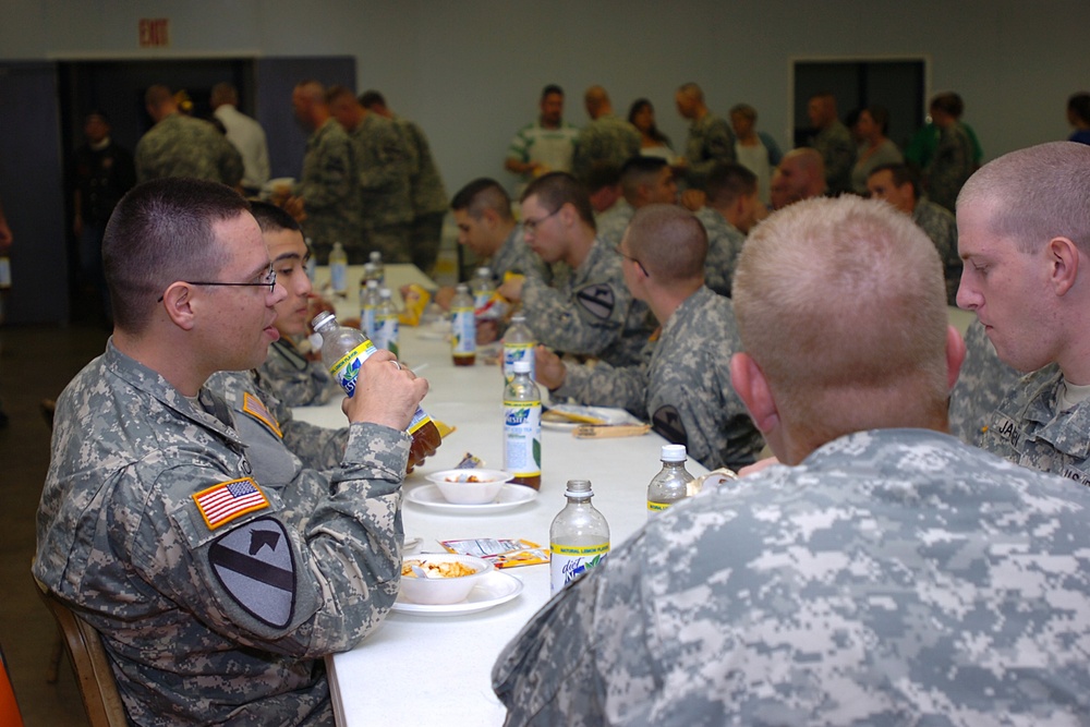 After marching down the streets of Waco, Texas, during their annual Veterans Day Parade, Soldiers of the 615th &quot;Cold Steel&quot; Aviation Support Battalion, 1st Air Cavalry Brigade, 1st Cavalry Division, were treated to some food at the Veteran's of Foreign Wa