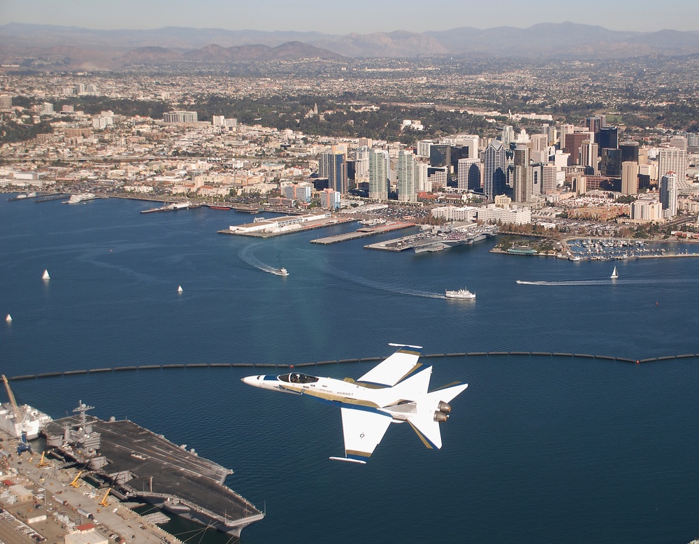 F/A-18C Hornet flies over Naval Air Station North Island