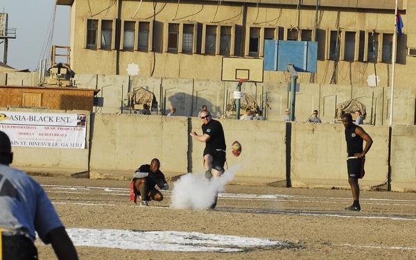 Raider Soldiers meet during Thanksgiving flag football championship game