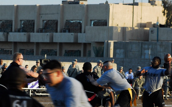 Raider Soldiers meet during Thanksgiving flag football championship game