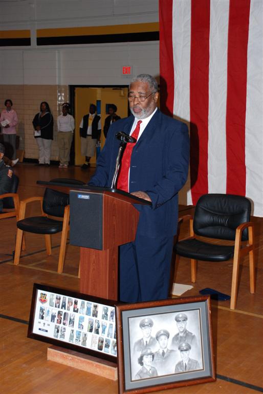 Robert L. Silvie, principal of Fair Park High School in Shreveport, La., conveys his appreciation for all the veterans that came out for the Veterans Day program held inside school's the gymnasium, Nov. 11.