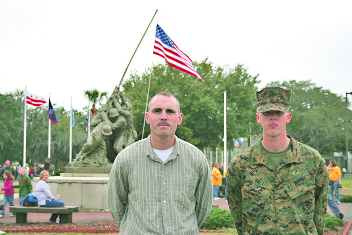 Marines represent two generations of aviation ordnancemen
