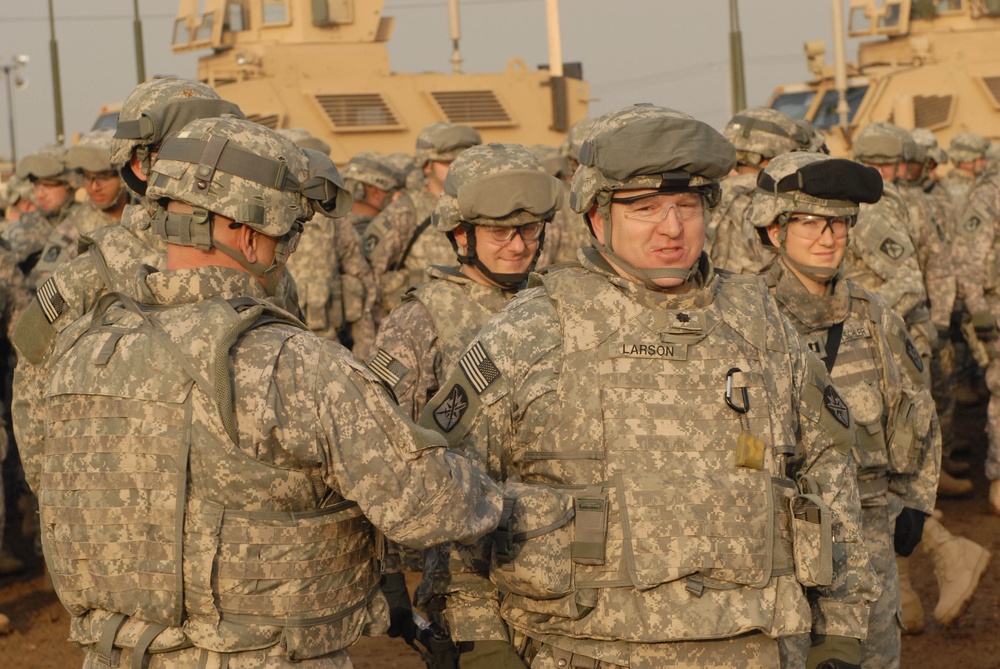 Headquarters, 10th Sustainment Brigade Soldiers earn their shoulder sleeve insignia for wartime service