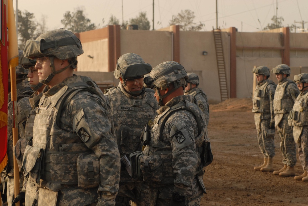 Headquarters, 10th Sustainment Brigade Soldiers earn their shoulder sleeve insignia for wartime service