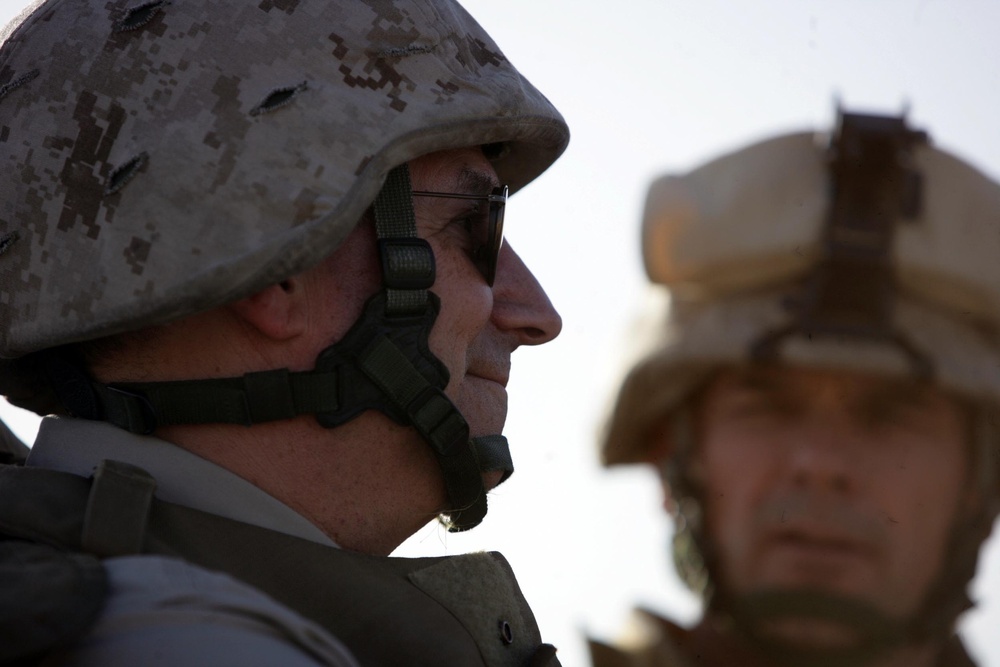 Secretary of the Navy speaks to soldiers at Camp Baharia