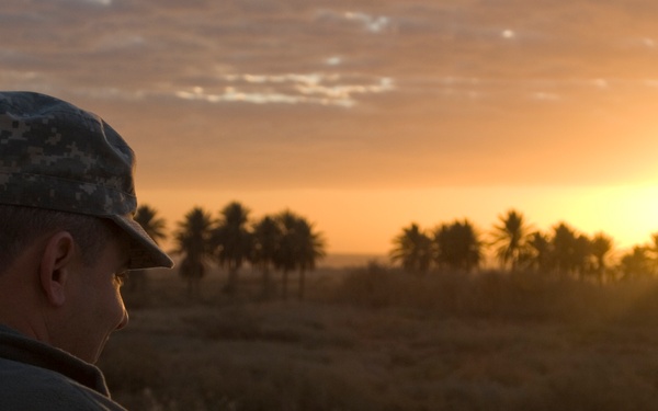 A military service member wearing a digital camouflage patrol cap is seen from behind, gazing toward a golden sunset over an arid landscape. Palm trees are silhouetted against the warm orange sky in the middle distance. The image has a contemplative, documentary quality with strong backlighting from the setting sun.