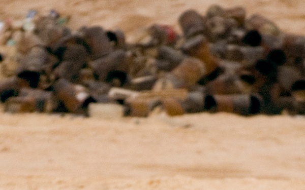 A single black-and-white bird stands on a dry, sandy desert ground in the foreground. Behind it, at a distance, is a large pile of debris or refuse, blurred due to shallow depth of field. The scene suggests an arid environment with human waste accumulation nearby.