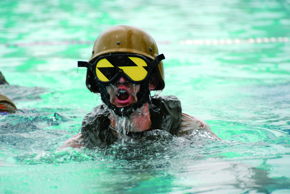 31st MEU Marines on Okinawa learn underwater egress during Helo Dunker Training