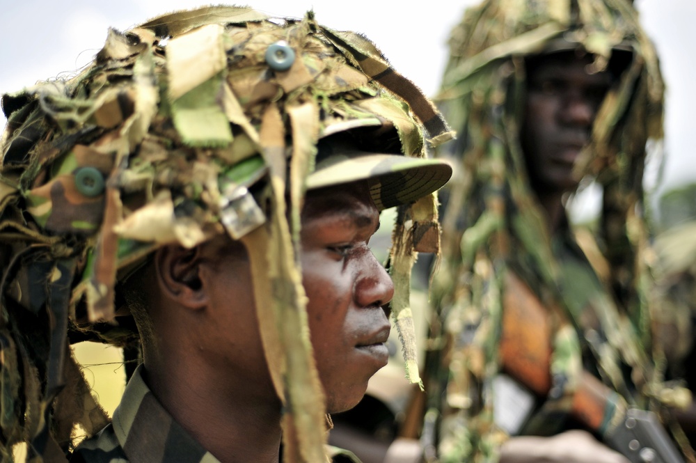 A Uganda Peoples Defense Force Soldier Stands in Formation During a Demonstration of Skills Learned at the UPDF Non-Commissioned Officers Academy in Jinja.