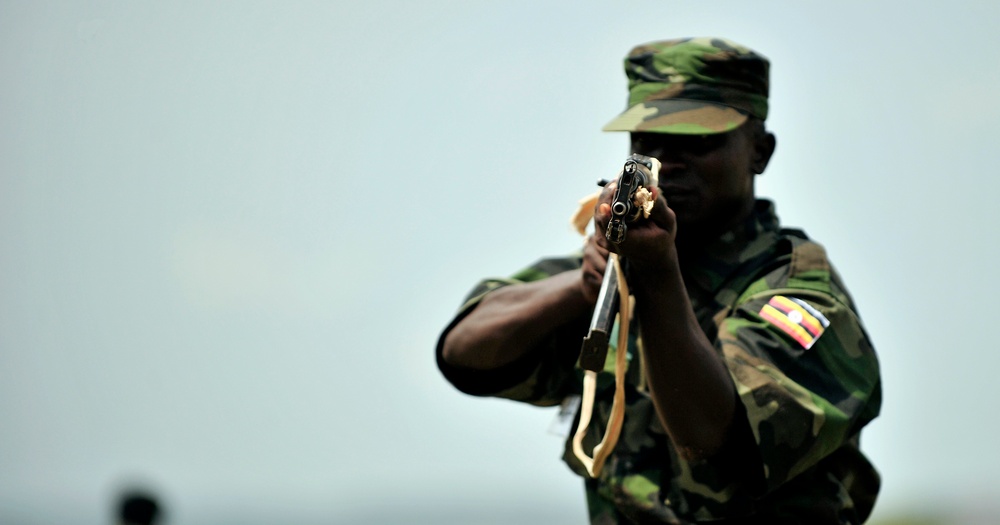 A Uganda Peoples Defense Force Soldier Demonstrates Skills Learned During the UPDF Non-Commissioned Officers Academy in Jinja.