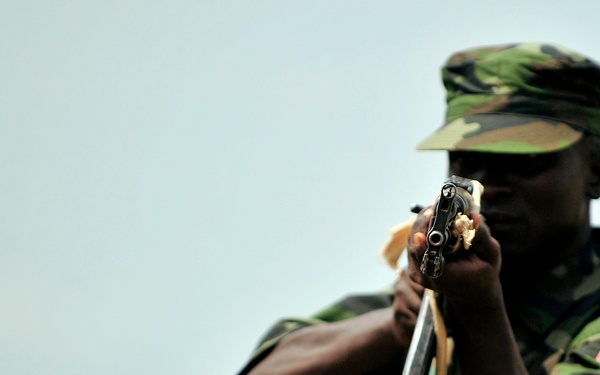A Uganda Peoples Defense Force Soldier Demonstrates Skills Learned During the UPDF Non-Commissioned Officers Academy in Jinja.