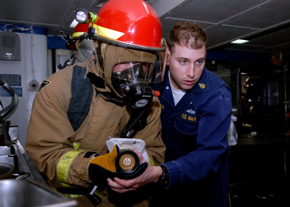 Mock fire drill aboard USS Essex