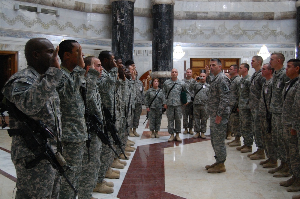 370th Engineer Company Soldiers reenlisted by Multi-National Division-Center Commanding General