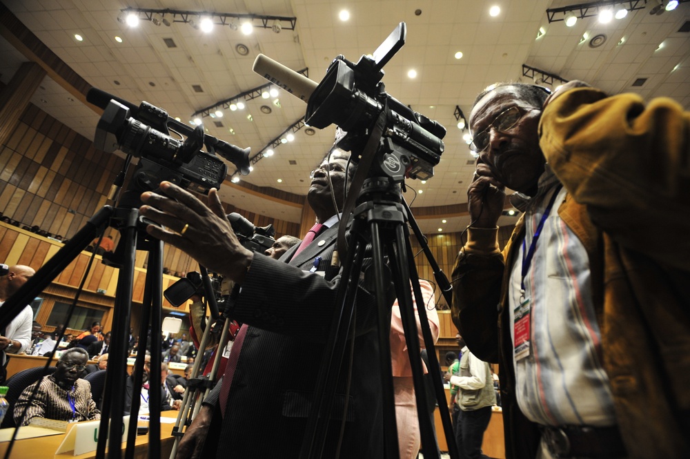 Journalists Stand in the Plenary Hall of the African Union