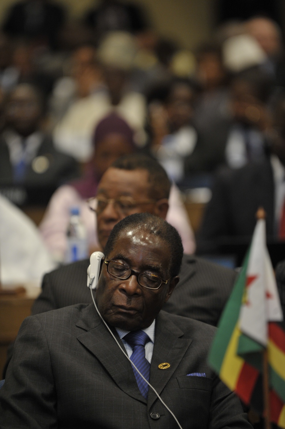 Robert Gabriel Mugabe, President of the Republic of Zimbabwe, Sits in the Plenary Hall of the United Nations (UN) Building in Addis Ababa, Ethiopia, During the 12th African Union (AU) Summit.