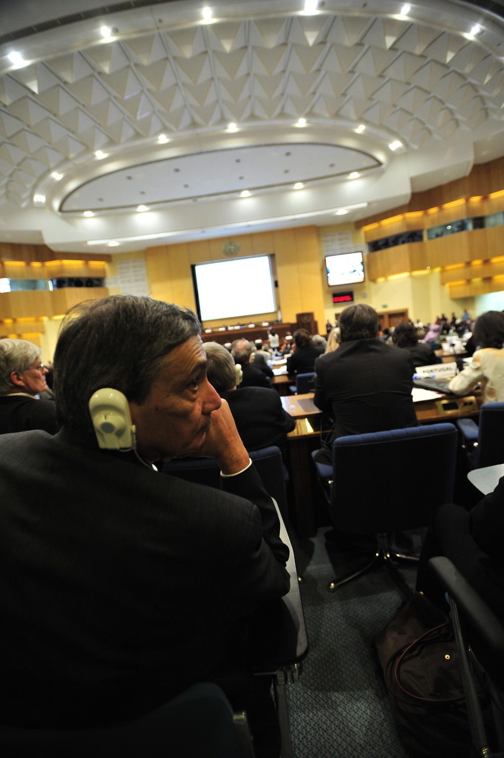 A Diplomat Sits in the Plenary Hall of the United Nations Building in Addis Ababa, Ethiopia, During the 12th African Union (AU) Summit.