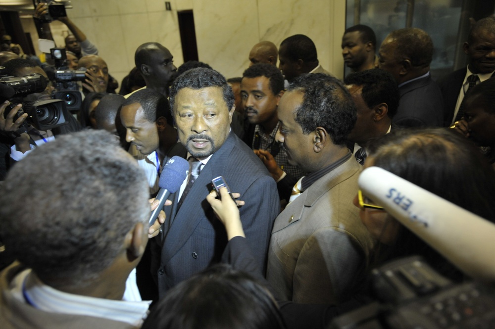 Jean Ping, chairperson of the African Union Commission Speaks to Reporters at the United Nations (UN) Building in Addis Ababa, Ethiopia, During the 12th African Union (AU) Summit.