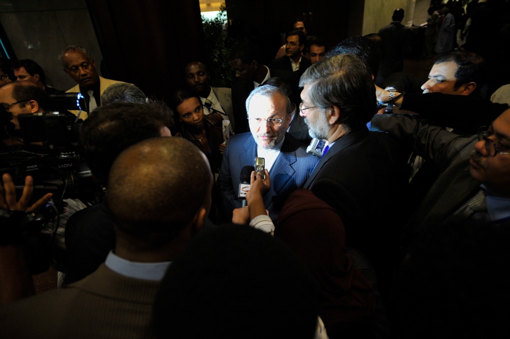 Ranian Foreign Minister Manoucher Mottaki Is Surrounded by Journalists at the United Nations (UN) Building in Addis Ababa, Ethiopia, During the 12th African Union (AU) Summit.