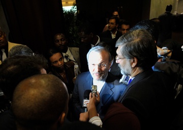 Ranian Foreign Minister Manoucher Mottaki Is Surrounded by Journalists at the United Nations (UN) Building in Addis Ababa, Ethiopia, During the 12th African Union (AU) Summit.