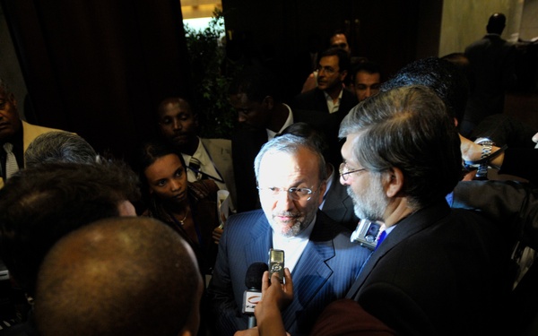 Ranian Foreign Minister Manoucher Mottaki Is Surrounded by Journalists at the United Nations (UN) Building in Addis Ababa, Ethiopia, During the 12th African Union (AU) Summit.