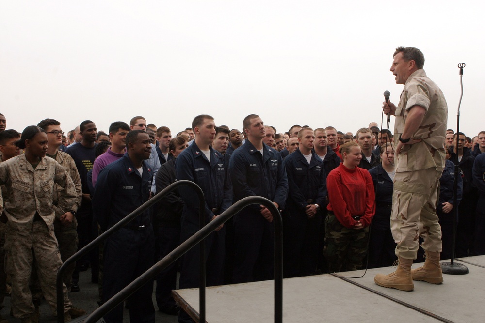 Speaking aboard the USS Iwo Jima