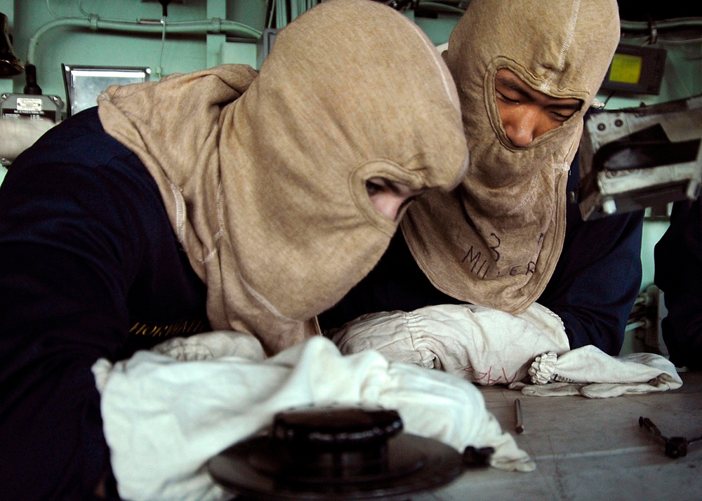 General quarters drill aboard the USS Carter Hall