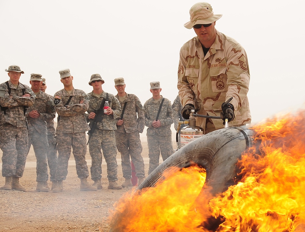 407th Expeditionary Civil Engineer Squadron conducts fire extinguisher training for Contingency Operating Base Adder Soldiers