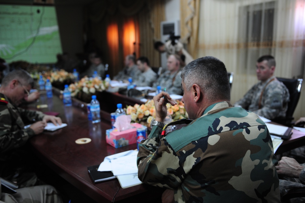 Meeting at Patrol Base Colby in Mahmudiyah, Iraq