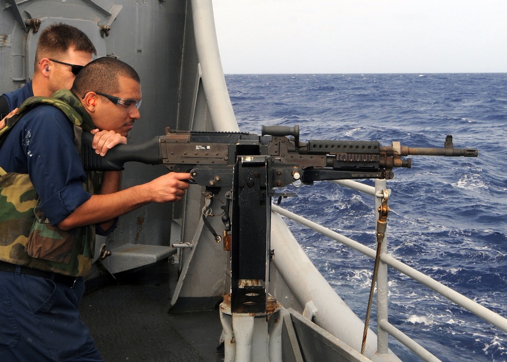 Machine gun qualification shoot aboard the guided-missile cruiser USS Vella Gulf