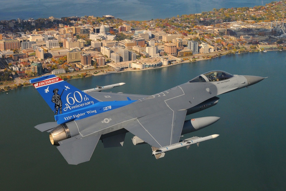 Wisconsin National Guard F-16 Flies Over State Capitol
