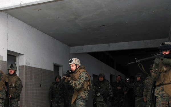 A group of military personnel in MARPAT (Marine pattern) camouflage uniforms are conducting what appears to be a building clearance or urban warfare training exercise inside a structure with tiled walls. The soldiers are equipped with tactical gear including helmets, body armor, and rifles in various ready positions. The setting appears to be a training facility or abandoned building used for military exercises.