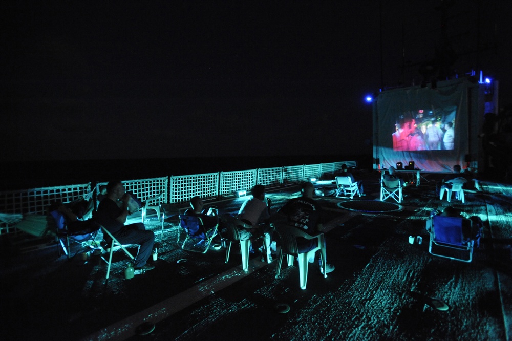 Enjoying a movie on the flight deck