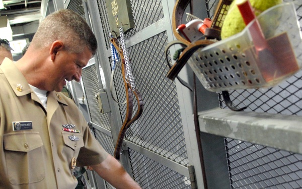 A U.S. Navy officer in tan/khaki service uniform is inspecting what appears to be a kennel or animal holding area aboard a military vessel or facility. He is reaching toward a mesh-wire enclosure that contains what appears to be a dog or military working animal. Several other uniformed personnel are visible in the background.