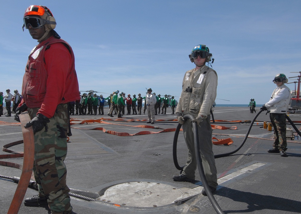 Mass casualty drill on the flight deck aboard USS George Washington
