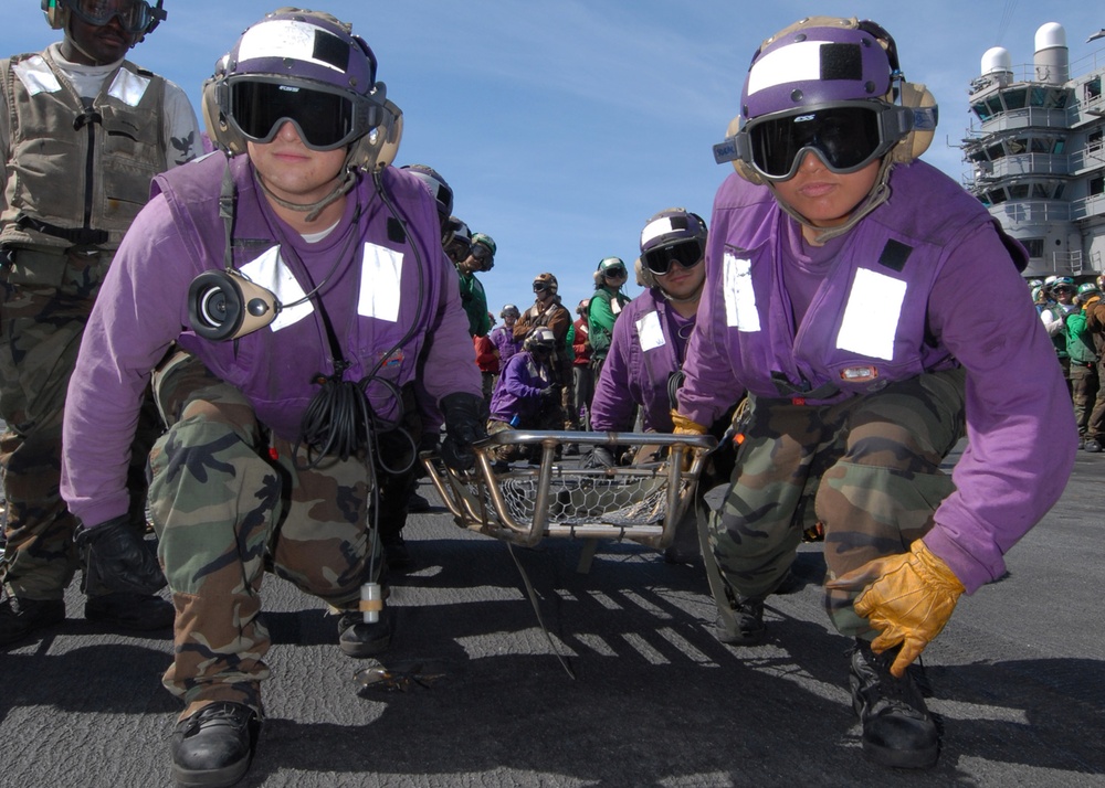 Mass casualty drill on the flight deck aboard USS George Washington