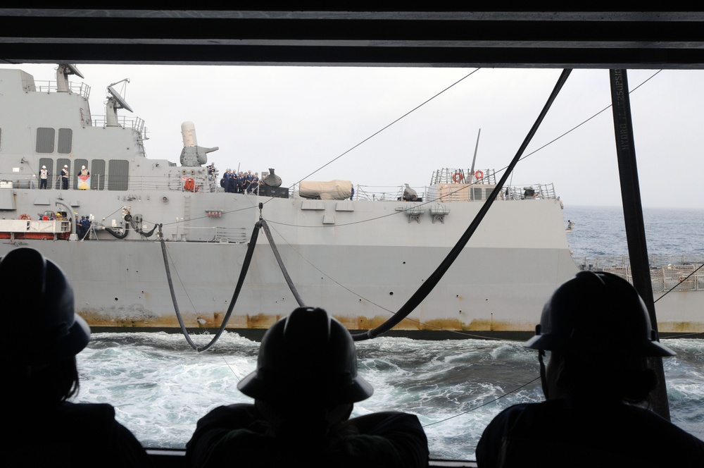USS Gridley takes on fuel from the Reagan