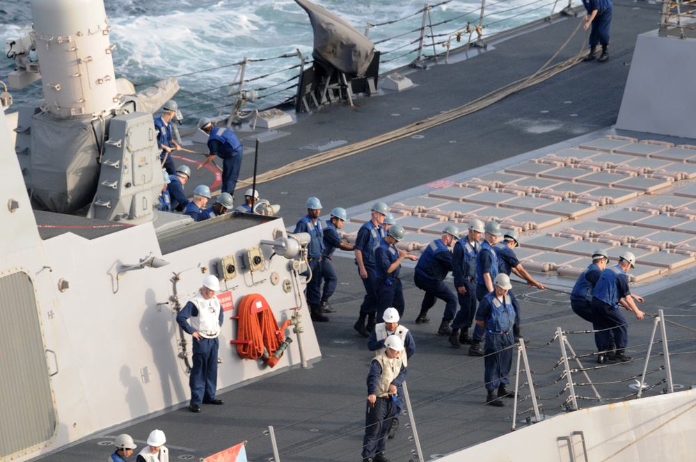 USS Gridley takes on fuel from the Reagan