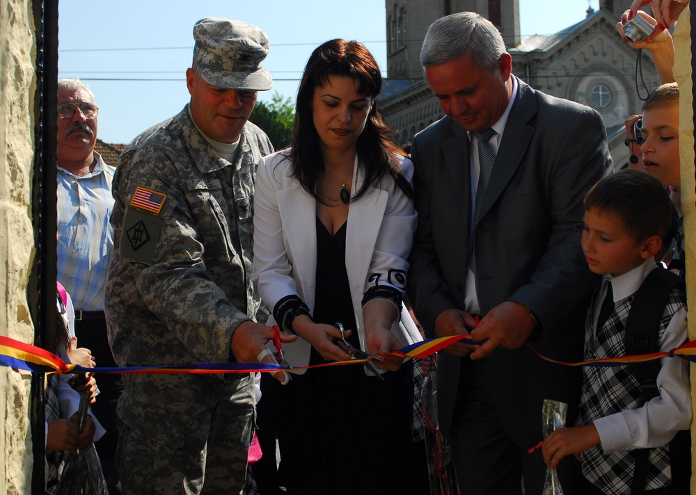 Seabees honored during ribbon cutting at Mihail Kogalniceanu School