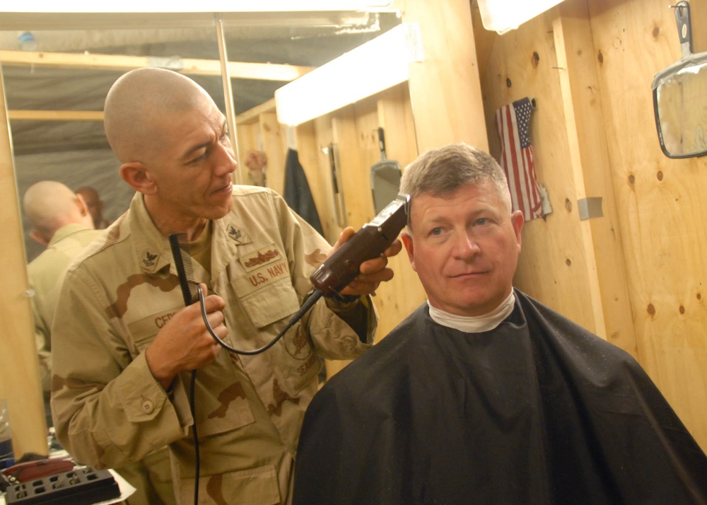 MCPON West Receives Haircut at Camp Natasha